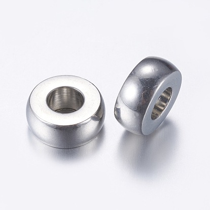201 Stainless Steel European Beads, Large Hole Beads, Flat Round