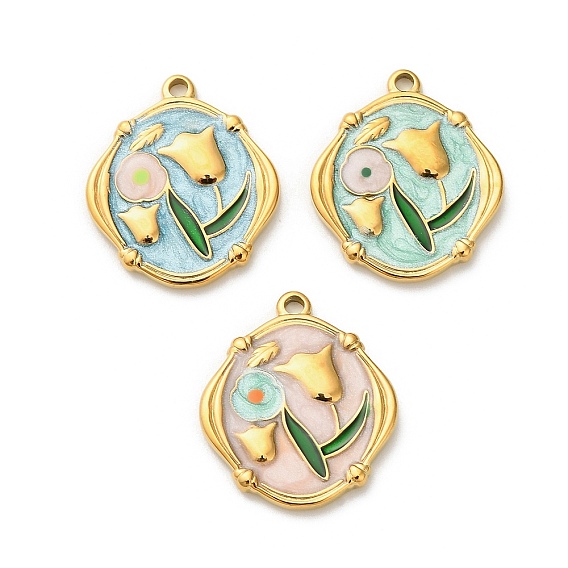 304 нержавеющей стальной эмали подвески, цветок, ионное покрытие (ip), реальный 18 k позолоченный