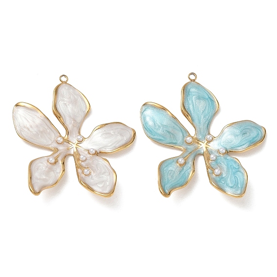 304 Stainless Steel with Enamel Pendants, with ABS Plastic Pearl, Flower Charms, Ion Plating(IP), Real 18K Gold Plated