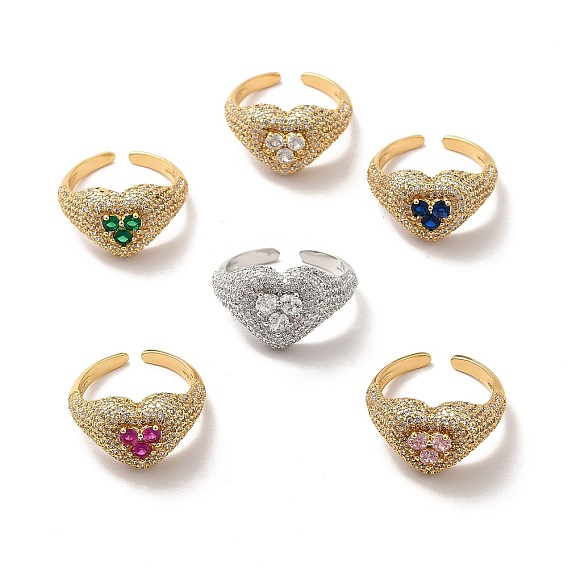 Cubic Zirconia Heart Open Cuff Ring, Brass Wide Ring for Women