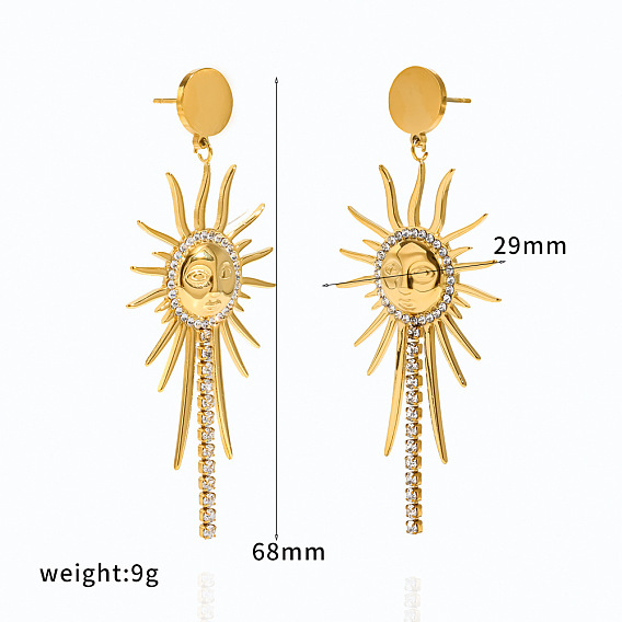 304 Stainless Steel Rhinestone Stud Dangle Earrings, Sun