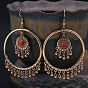 Vintage Gold Bohemian Earrings with Rhinestone Circle and Tassel Pendant