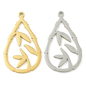 304 Stainless Steel Pendants, Laser Cut, Teardrop with Bamboo Leaves Charm