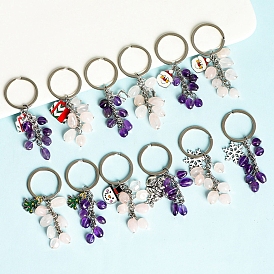 Natural Amethyst Keychain, with Alloy Enamel Finding
