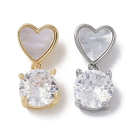 Brass & Shell & Clear Cubic Zirconia Pendants, Flat Round & Heart Charms