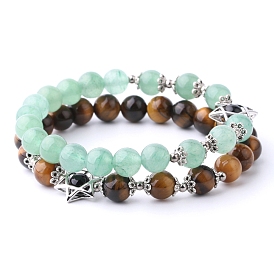 Natural Gemstone Bead Stretch Bracelets for Women, Round and Star