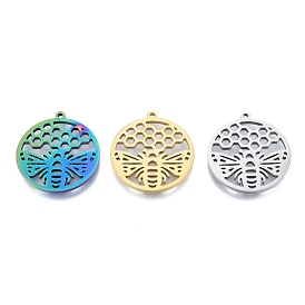 201 Stainless Steel Pendant,  Hollow Charms, Flat Round with Bee