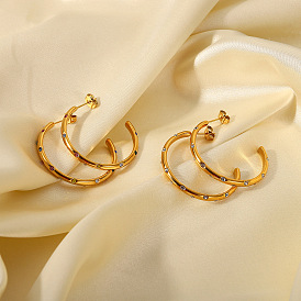 Vintage 18K Gold Stainless Steel Large C-shaped Colorful Cubic Zirconia Hoop Earrings