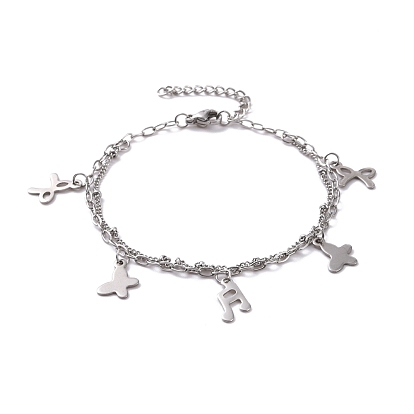 304 Stainless Steel Double Chains Multi-strand Bracelets, Music Note & Butterfly & Bowknot 201 Stainless Steel Charm Bracelet for Women