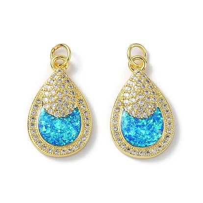 Brass Micro Pave Cubic Zirconia Pendants, with Synthetic Opal and Jump Ring, Long-Lasting Plated, Teardrop