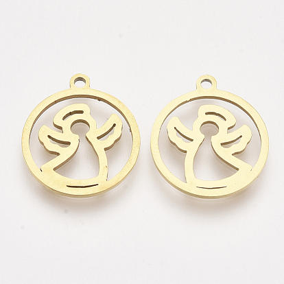 201 Stainless Steel Pendants, Laser Cut Pendants, Flat Round with Angel