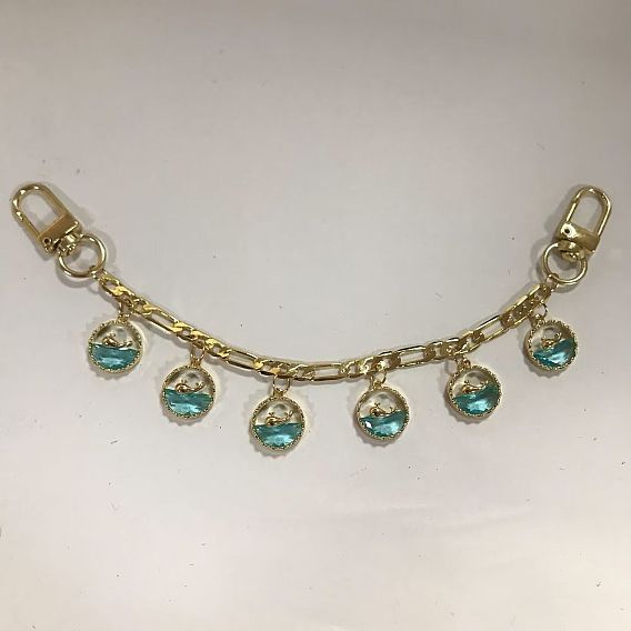 Brass Figaro Chains Bag Strap, with Swivel Clasps and Brass Flat Round Pendant, for Bag Replacement
