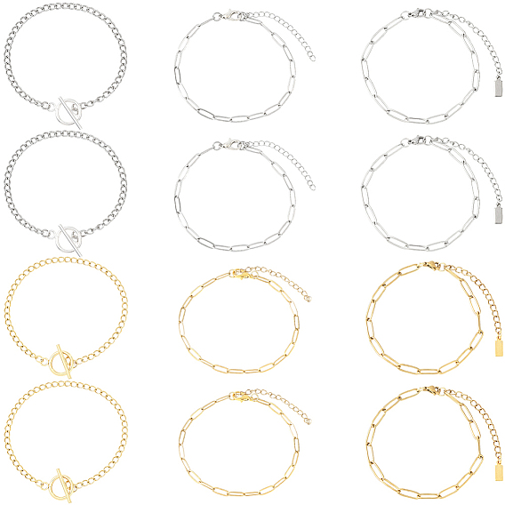 12 шт. 6 стили 304 браслеты из нержавеющей стали с цепочками для мужчин и женщин