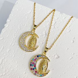 Colorful Moon Virgin Mary Pendant Copper Zircon Necklace for Women