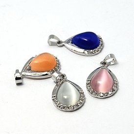 Подвески кошачий глаз, с латунной горный хрусталь кулон, платиновый цвет, капля, 22x14x6 мм, отверстие : 4x5 мм