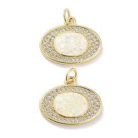 Brass Micro Pave Clear Cubic Zirconia Pendants, with Synthetic Opal and Jump Rings, Real 18K Gold Plated, Oval Charms