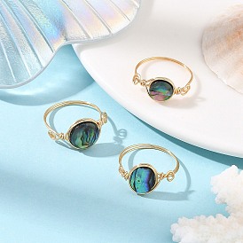 3Pcs Natural Paua Shell with Copper Wire Finger Rings for Women, Round