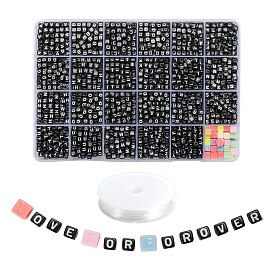 DIY Jewelry Making Kits, Including 2300Pcs Cube Opaque Acrylic Letter A~Z Beads, 50Pcs Cube with Letter Acrylic Beads and Elastic Crystal Thread