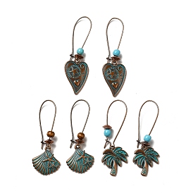 3 Pairs 3 Style Heart & Shell & Coconut Tree Alloy Dangle Earrings Set, Wood & Resin Beaded Long Drop Earrings for Women