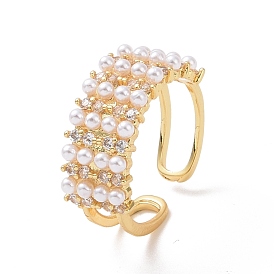 Clear Cubic Zirconia Rectangle Open Ring with Acrylic Pearl Beaded, Brass Jewelry for Women, Cadmium Free & Lead Free
