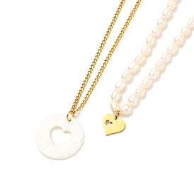 Heart Pendant Necklaces Set for Girl Women, Natural Pearl Beads Necklaces, 304 Stainless Steel Curb Chain Necklaces, Golden