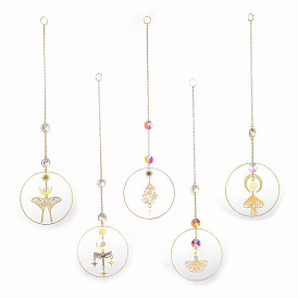 Brass Big Pendant Decorations, Hanging Suncatchers, with Octagon Glass Beads, for Home Window Decoration