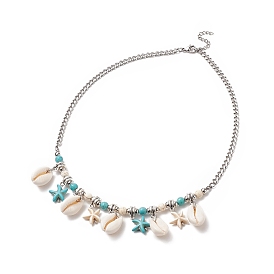 Collier pendentif étoile de mer turquoise synthétique et coquillage naturel, 304 bijoux en acier inoxydable pour femmes