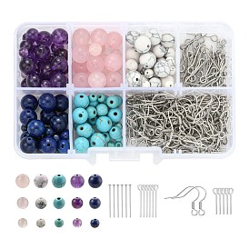 DIY Jewelry Set Making, Earrings with Natural Amethyst & Rose Quartz & Lapis Lazuli Beads, Synthetic Howlite & Gemstone Beads, 304 Stainless Steel Eye Pin & Flat Head Pins & Earring Hooks