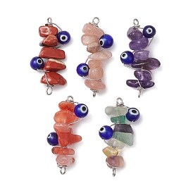 5Pcs 5 Styles Natural Red Jasper & Amethyst & Fluorite & Sunstone & South Red Agate Chip Copper Wire Wrapped Handmake Lampwork Blue Evil Eye Connector Charms