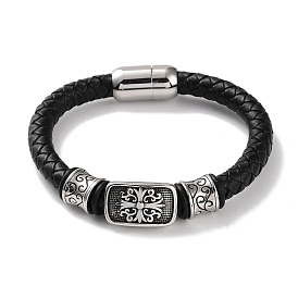 Men's Braided Black PU Leather Cord Bracelets, Flower 304 Stainless Steel Link Bracelets with Magnetic Clasps