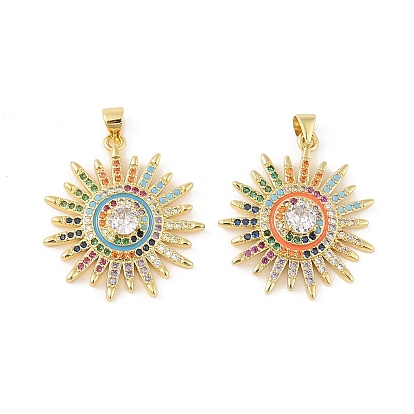 Brass Micro Pave Cubic Zirconia Pendants, Cadmium Free & Nickel Free & Lead Free, Real 18K Gold Plated, Sun