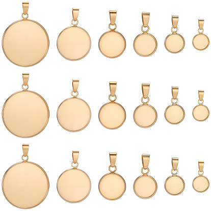 24Pcs 6 Styles 304 Stainless Steel Pendant Cabochon Settings, Flat Round Charms, Ion Plating(IP)