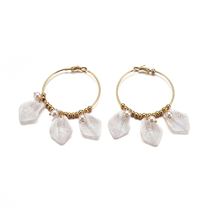 Pendientes de aro de acero inoxidable 304 estilo bohemia, con perlas de plástico de imitación perla y acrílico blanco cremoso, 304 joyero de cuentas de acero inoxidable y cartón