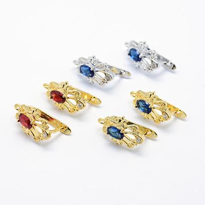Long-Lasting PlatedBrass Micro Pave Cubic Zirconia Hoop Earring Findings with Latch Back Closure, with Glass, Flower