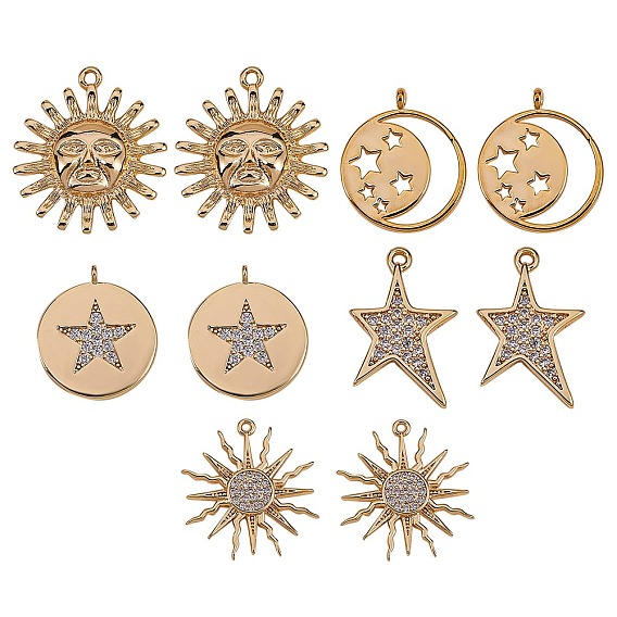 10Pcs 5 Style Brass Micro Pave Clear Cubic Zirconia Pendants, Nickel Free, Mixed Shapes