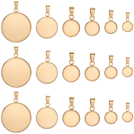 24Pcs 6 Styles 304 Stainless Steel Pendant Cabochon Settings, Flat Round Charms, Ion Plating(IP)