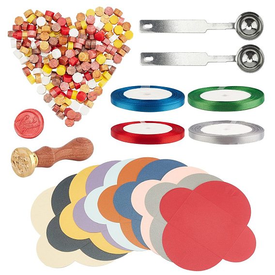 DIY Wax Seal Stamp Kits, Including Sealing Wax Particles, Mini Paper Envelopes, Brass Wax Seal Stamp and Single Face Satin Ribbon