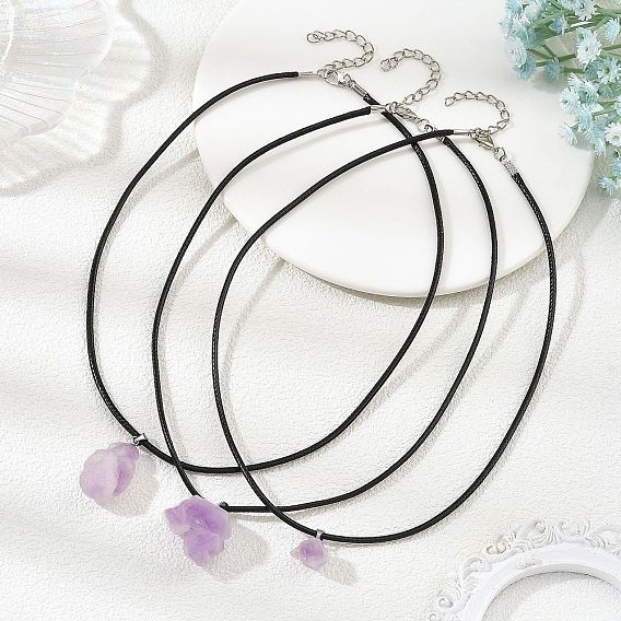 Raw Rough Natural Amethyst Nuggets Pendant Black Imitation Leather Cord Necklaces for Women