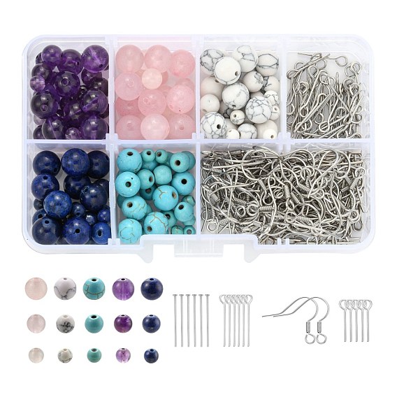DIY-Schmuck-Set machen, Ohrringe mit natürlichem Amethyst & Rosenquarz & Lapislazuli-Perlen, synthetische Howlith & Edelsteinperlen, 304 Edelstahl-Augenstift & Flachkopfstifte & Ohrringhaken
