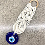 Cotton Cord Macrame Woven Wall Hanging, Glass Evil Eye Hanging Ornament with Wood Rings, for Home Decoration