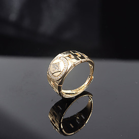 Men's Adjustable Wide Band Copper Plated Gold Ring with Zircon Stone
