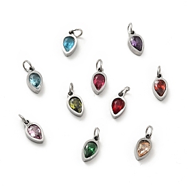 304 Stainless Steel Pendants, with Cubic Zirconia and Jump Rings, Single Stone Charms, Teardrop