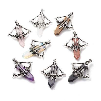 Gemstone Big Pendants, with Antique Silver Tone Alloy Findings, Cadmium Free & Lead Free, Faceted, Bow with Arrow & Sword