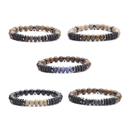 Natural Wood & Synthetic Hematite Stretch Bracelet with Gemstone, Yoga Jewelry for Women
