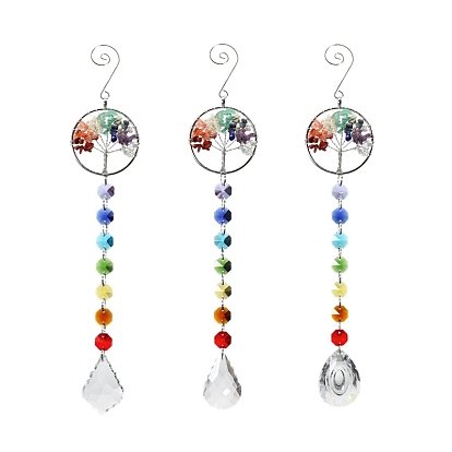 Wire Wrapped Gemstone Chip Tree of Life Pendant Decorations, Hanging Suncatchers, with Metal Finding and Glass Pendant & Octagon Link