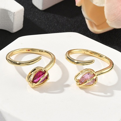 Кольца-манжеты из цветочной латуни с микропаве из кубического циркония для женщин, без кадмия и без свинца, стойки покрытие, реальный 18 k позолоченный