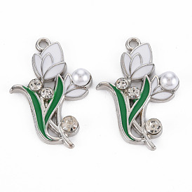 Pendentifs en alliage, avec perle d'imitation abs blanc et émail, platine, fleur