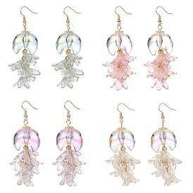 Resin & Acrylic Double Horn with Flower Dangle Earrings, Golden Brass Long Cluster Earrings for Women
