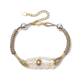 Glass & ABS Plastic Imitation Pearl Link Bracelets, Braided Polyester Cord Bracelets for Women Men