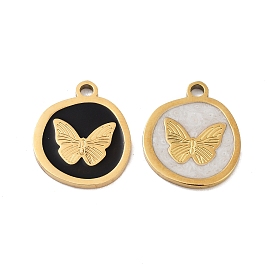 Ion Plating(IP) 316 Surgical Stainless Steel Pendants, Nickel Free, with Enamel, Flat Round with Butterfly Charms, Real 18K Gold Plated